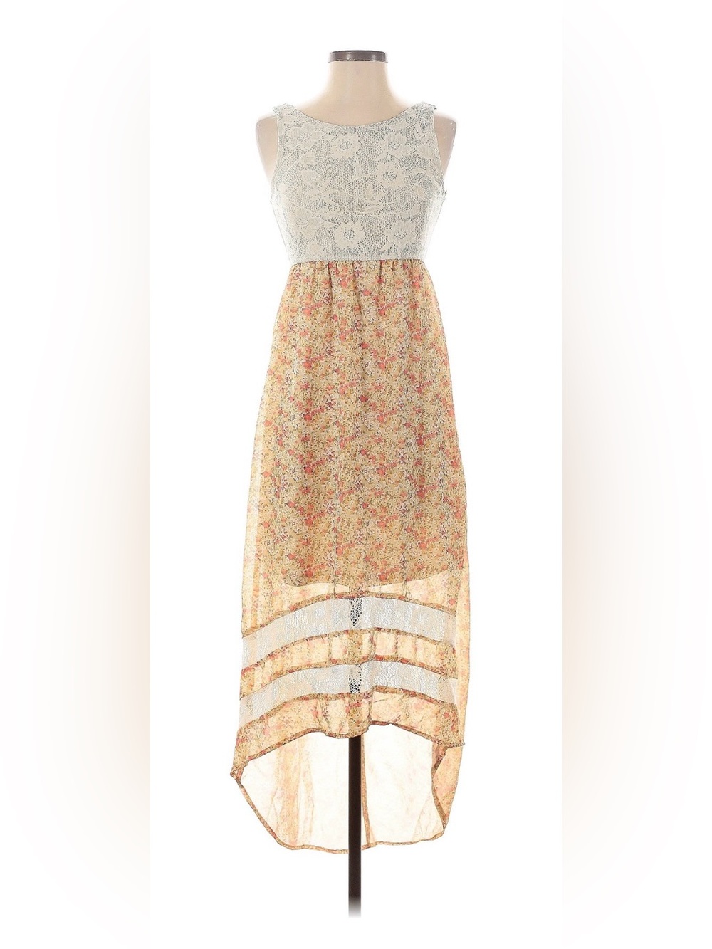 Spoiled Cream Floral High-Low Chiffon Dress with Pink Accents